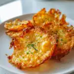 A close-up of golden-brown Baked Cottage Cheese Chips sprinkled with fresh chives on a white plate.