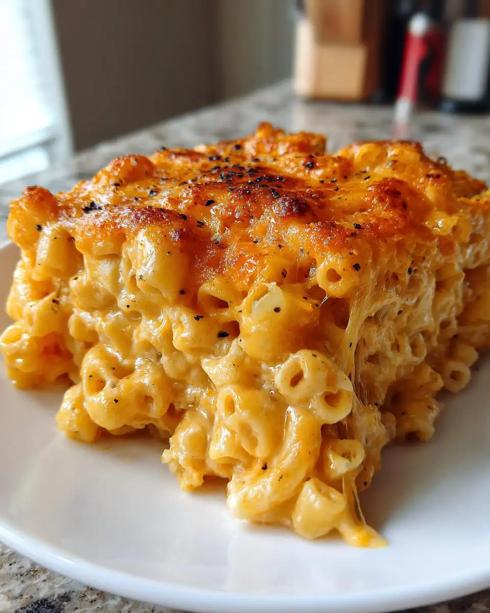 A generous slice of creamy baked mac and cheese with a golden-brown, bubbly cheese topping.