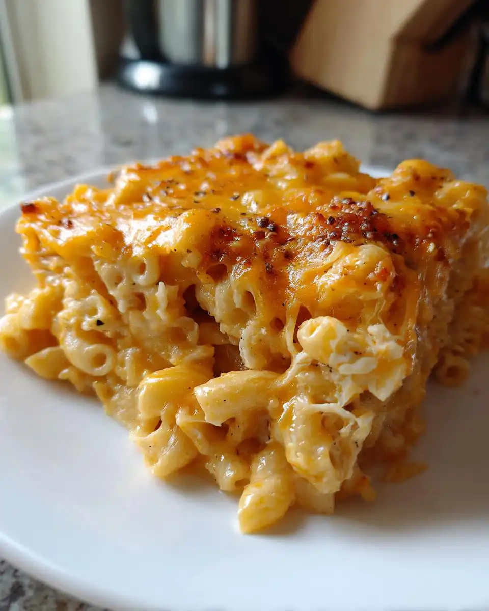 A close-up of a generous slice of baked mac and cheese, with golden melted cheese and visible pasta.