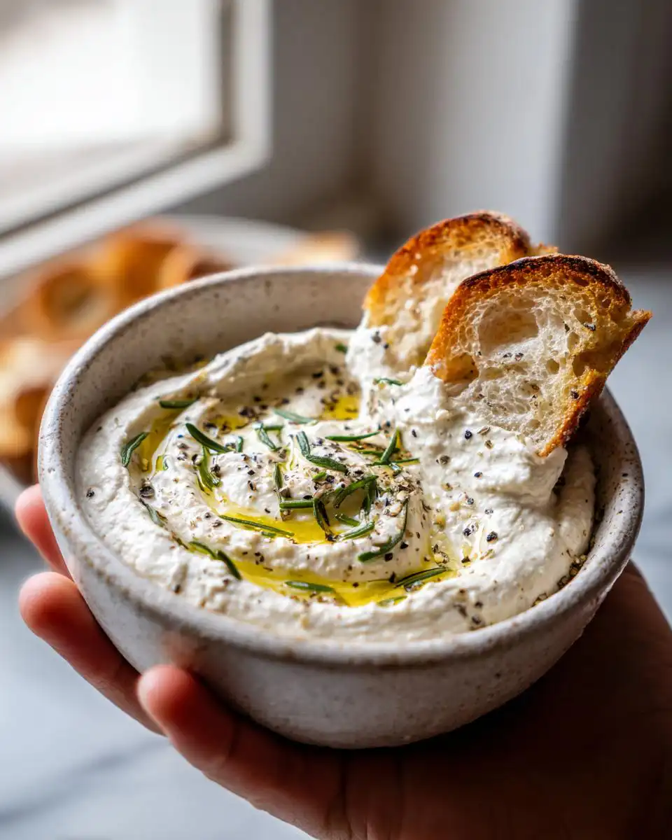 A bowl of creamy balsamic bread dip topped with olive oil, herbs, and black pepper, with toasted bread slices.