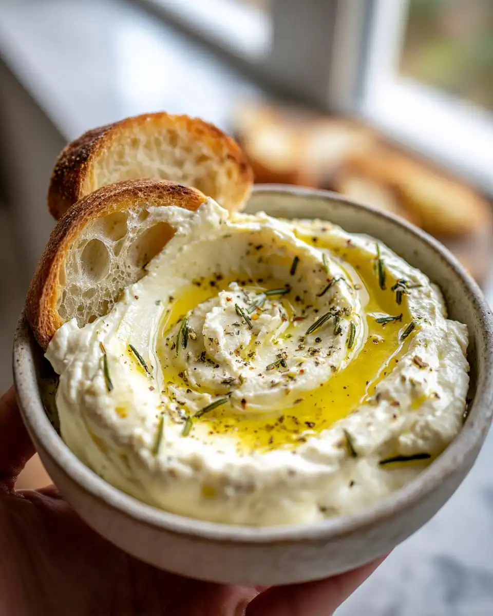 A bowl of creamy balsamic bread dip topped with olive oil and herbs, with toasted bread slices.
