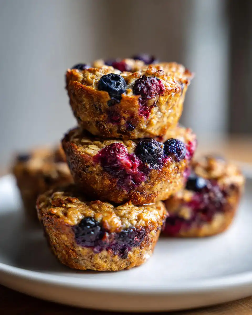 A stack of delicious Banana Blueberry Baked Oatmeal Cups on a white plate, showcasing fresh berries.