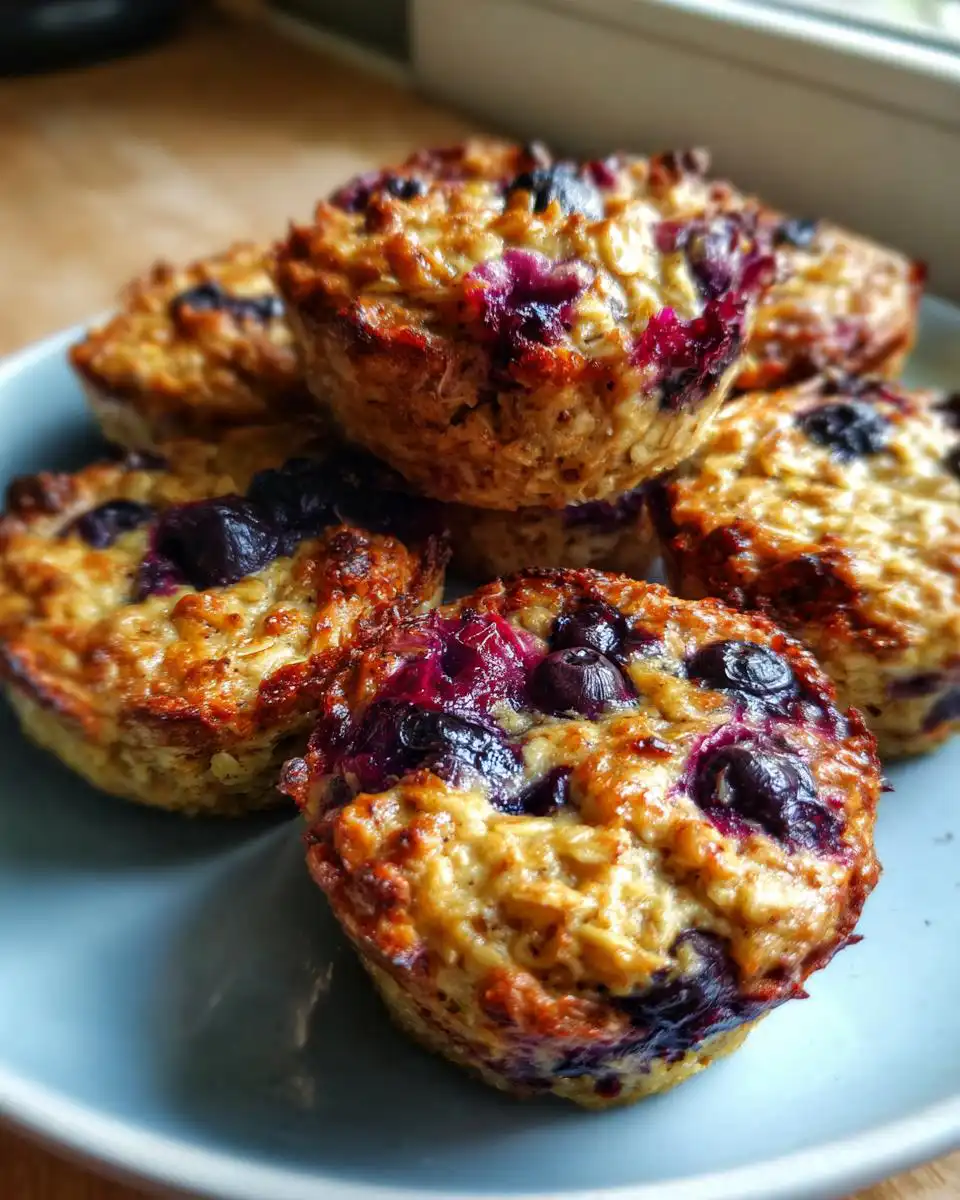 Close-up of a stack of golden-brown Banana Blueberry Baked Oatmeal Cups with visible blueberries.