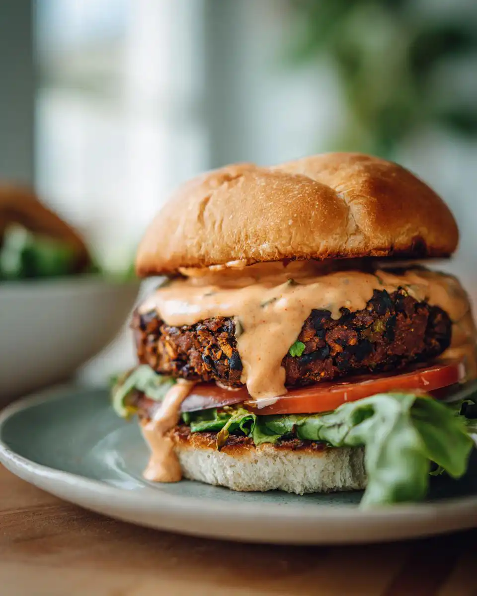 A close-up of the Best Black Bean Burger on a plate, featuring a thick patty, fresh lettuce, tomato, and a creamy sauce.