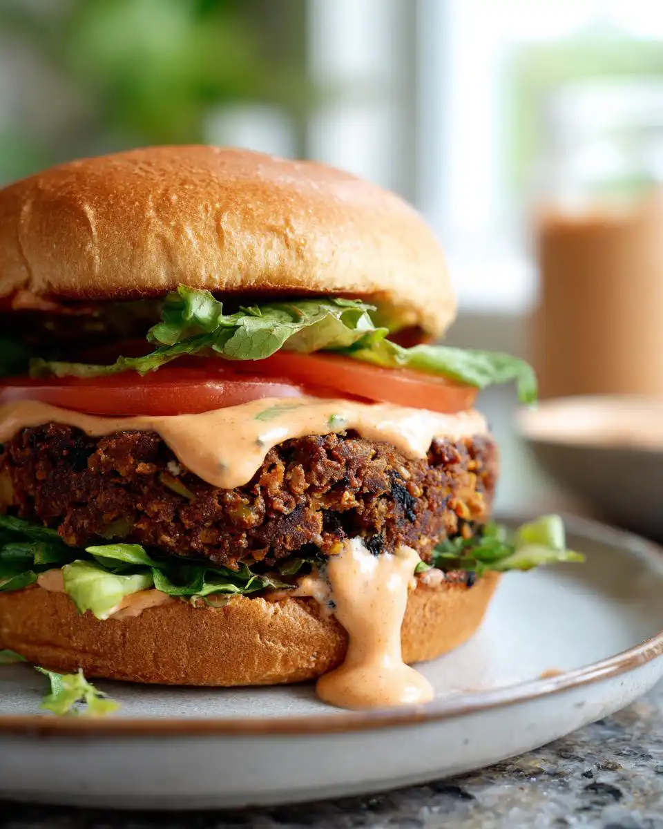 A close-up of the Best Black Bean Burger, featuring a thick patty, fresh lettuce, tomato slices, and a creamy sauce.