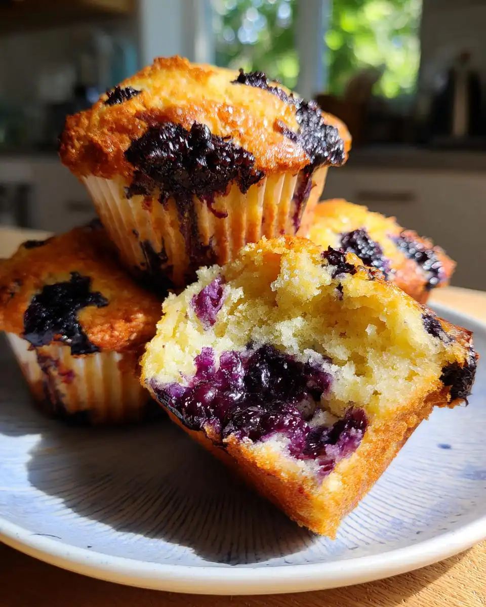 Close-up of a bakery-style blueberry muffin, with one muffin broken open to reveal juicy blueberries inside.