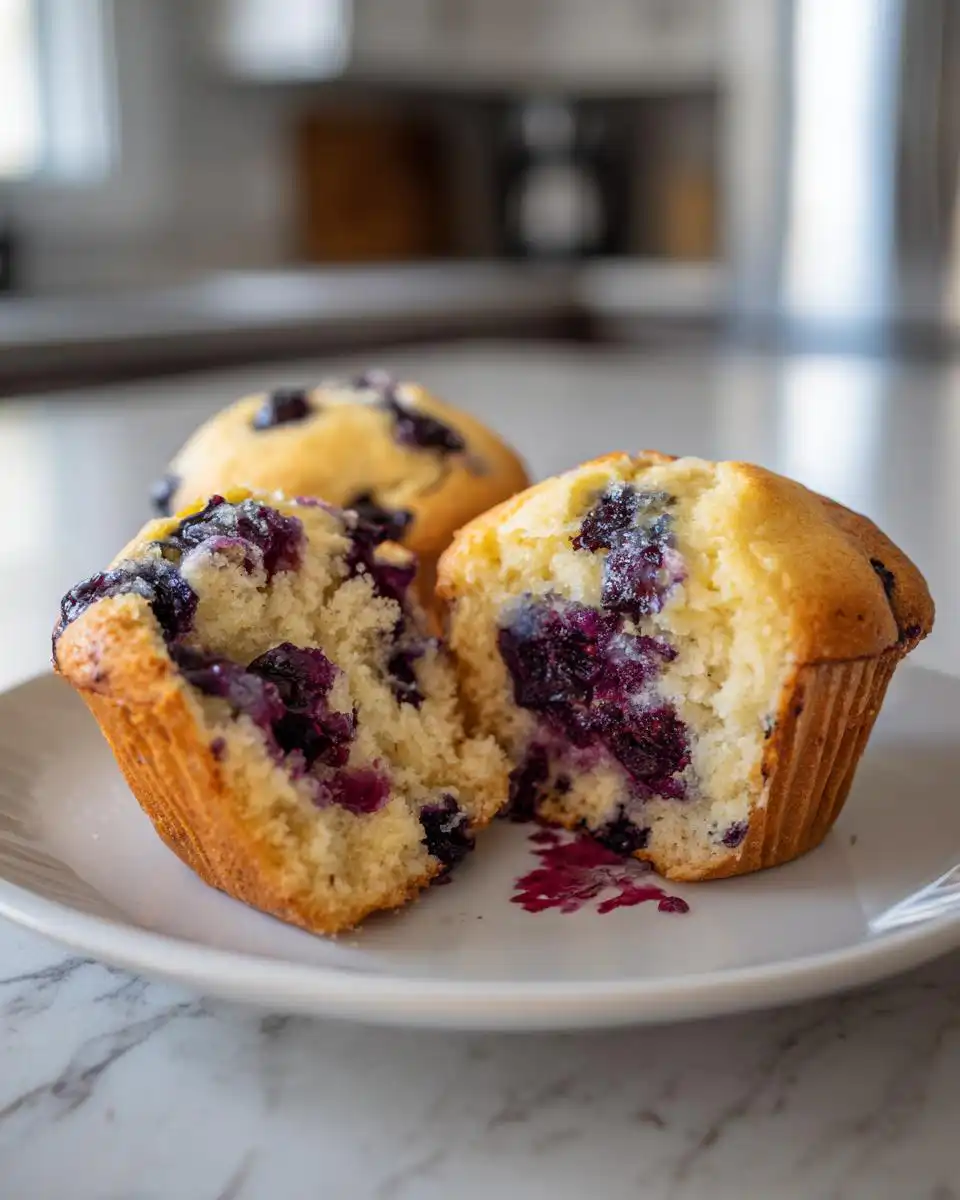 Close-up of the Best Blueberry Muffins You’ll Ever Bake, one muffin split open revealing juicy blueberries.