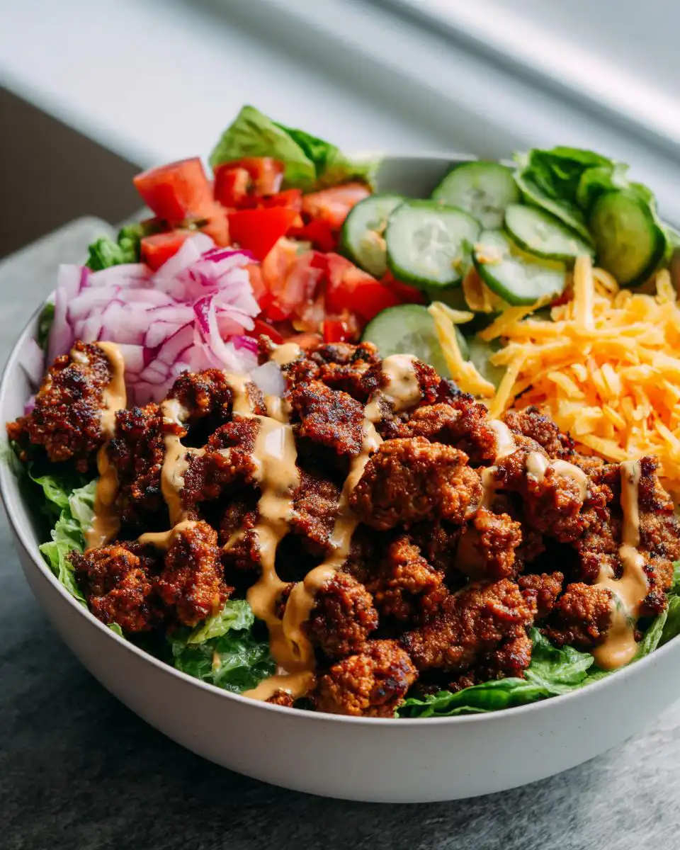 A close-up of the Best Smash Burger Bowl Quick Comfort Dinner with seasoned ground beef, lettuce, tomatoes, cucumbers, red onion, and shredded cheese.