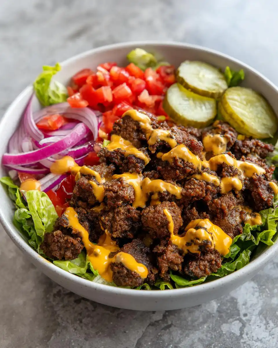 A close-up of the Best Smash Burger Bowl Quick Comfort Dinner, featuring seasoned ground beef, lettuce, tomatoes, red onion, pickles, and a drizzle of cheese sauce.