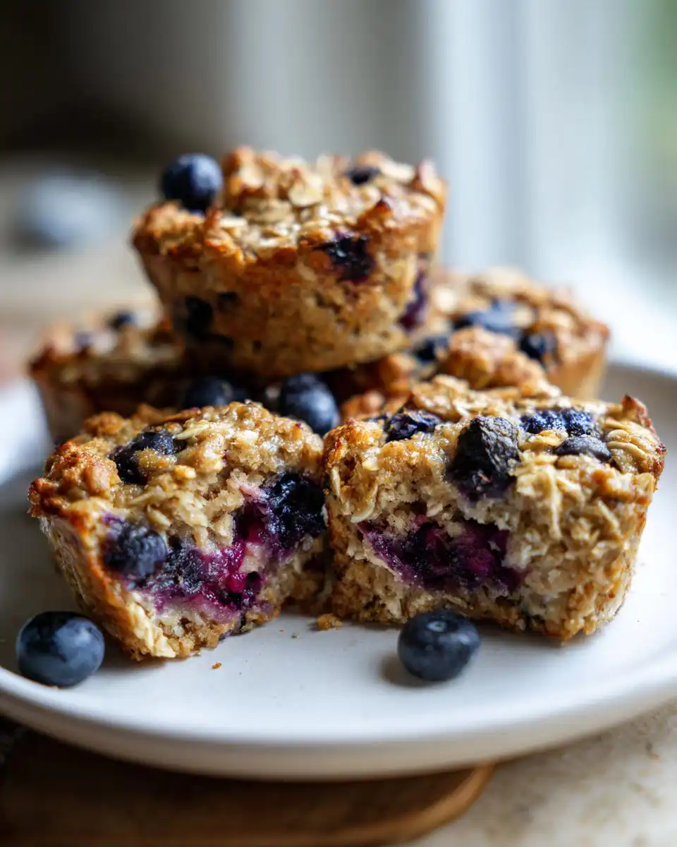 Close-up of Blueberry Baked Oatmeal Cups for Meal Prep, one cup cut in half revealing juicy blueberries.