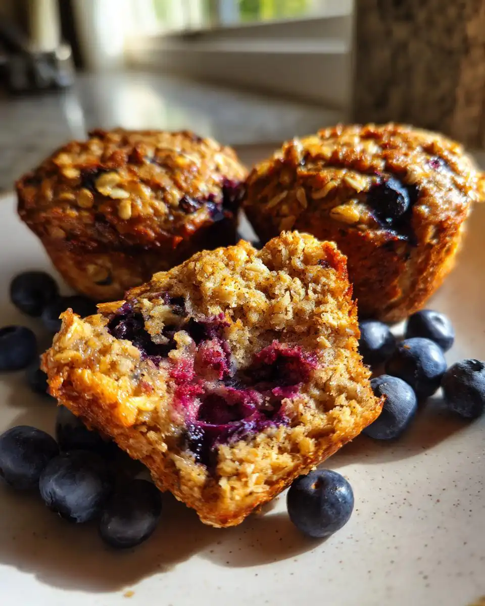 Close-up of a halved Blueberry Breakfast Muffin showing juicy blueberries and oats, surrounded by fresh blueberries.