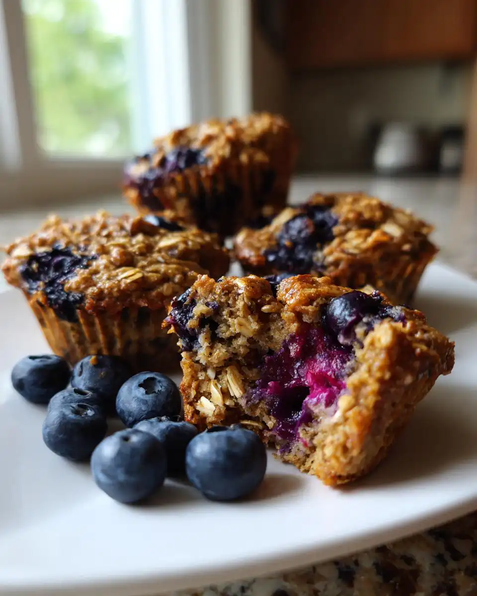 Close-up of a plate with several Blueberry Breakfast Muffins, one is broken open revealing juicy blueberries and oats.
