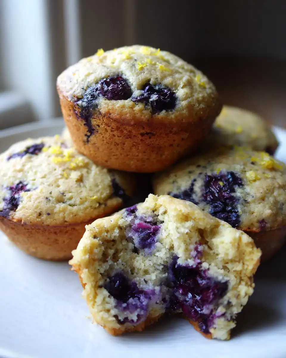 Close-up of fresh and zesty Blueberry Lemon Oat Muffins, one broken open to show juicy blueberries.