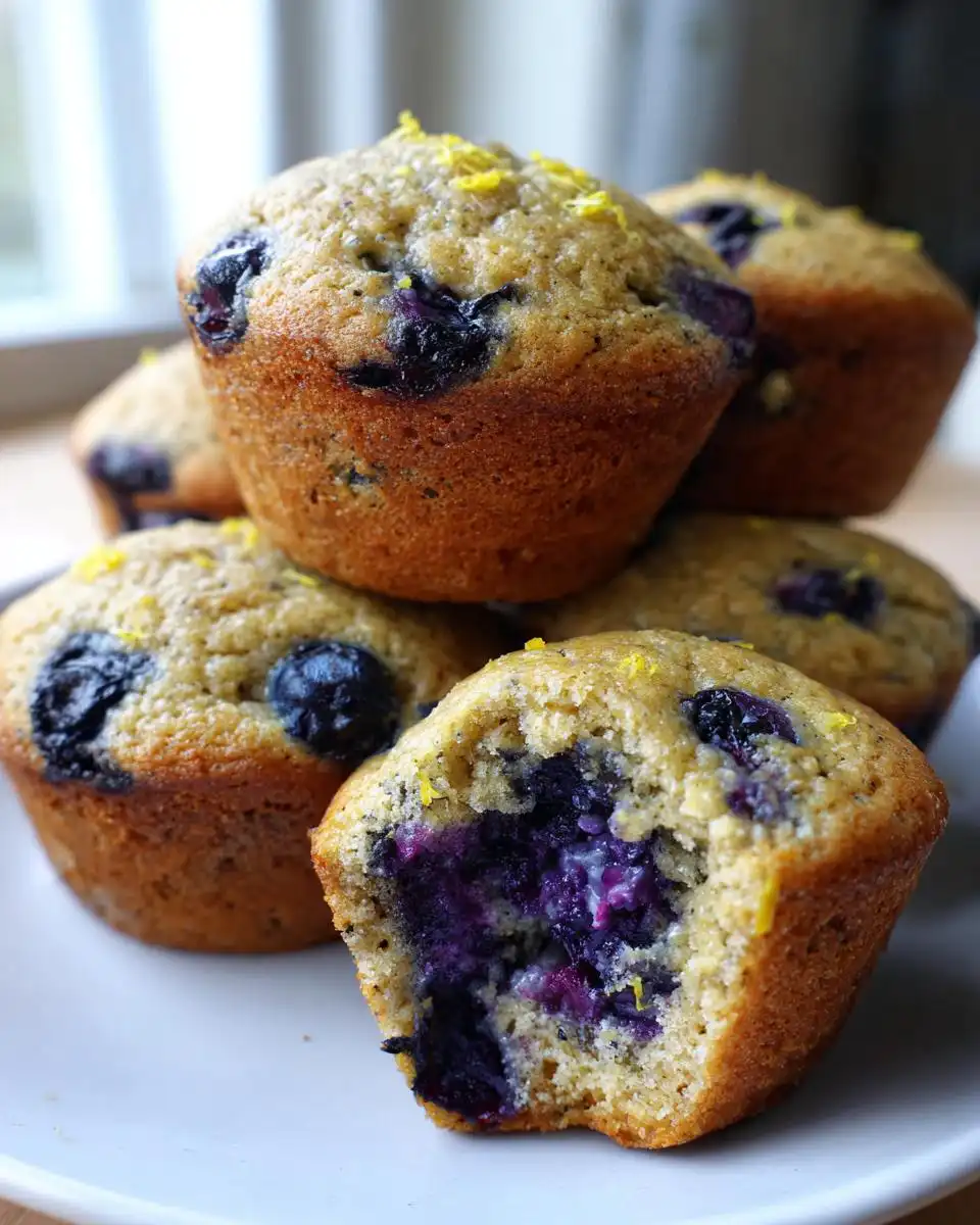 Close-up of fresh Blueberry Lemon Oat Muffins, one with a bite taken out, revealing juicy blueberries and zesty lemon.