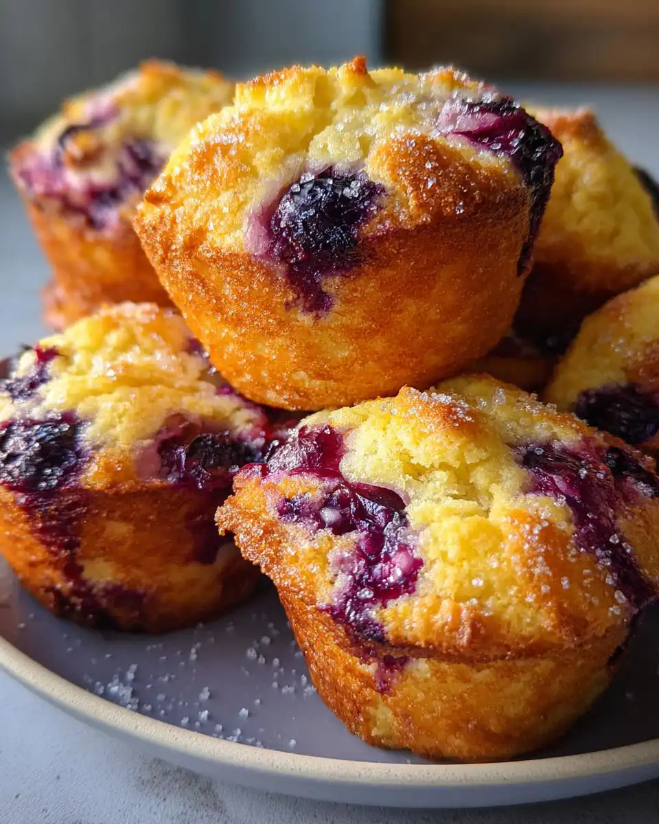 Close-up of golden-brown Blueberry Muffin Tops with visible blueberries and a sprinkle of sugar.