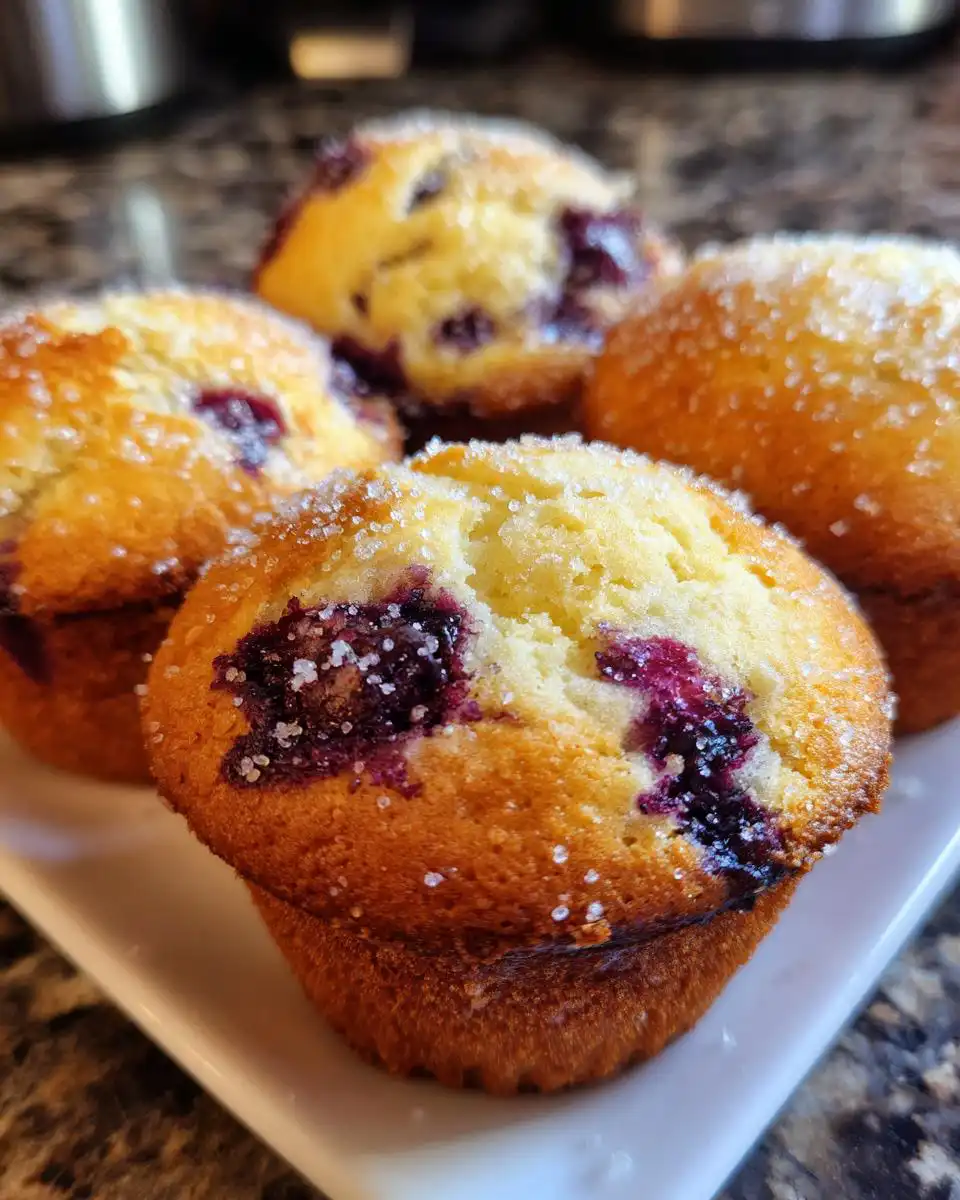 Close-up of four golden-brown Blueberry Muffin Tops, sprinkled with sugar, showcasing crispy edges.