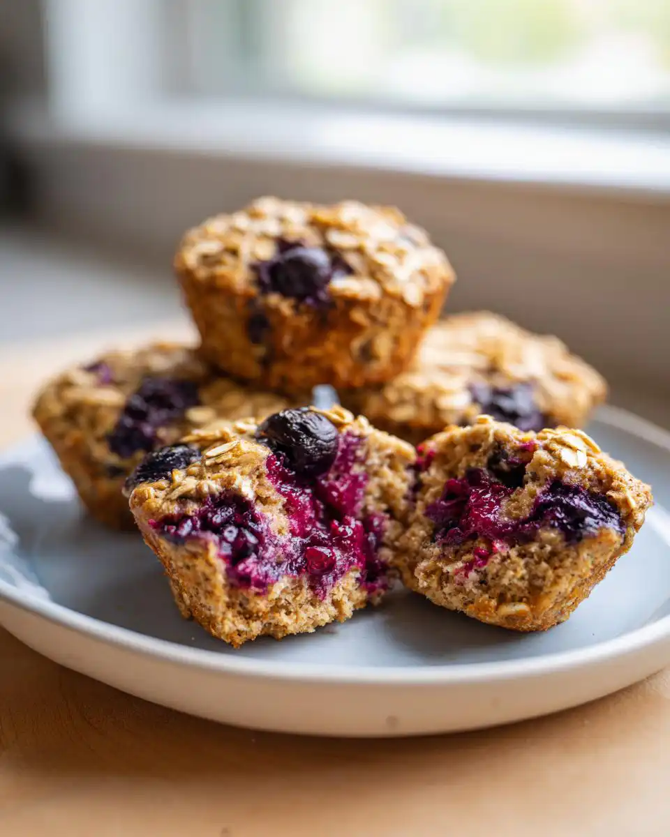 Close-up of a clean eating Blueberry Oatmeal Muffin, split open to reveal a juicy blueberry filling.