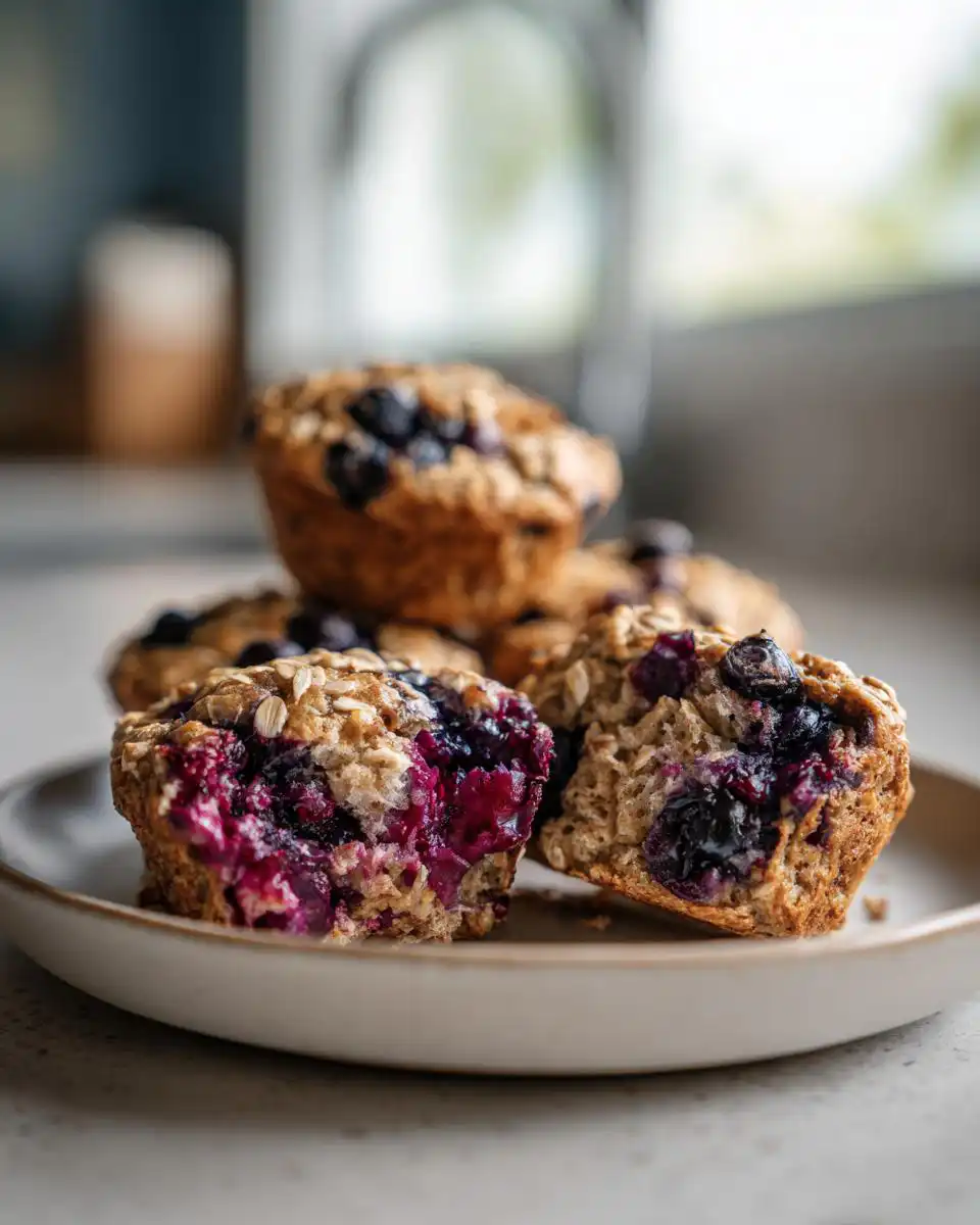 Close-up of moist Blueberry Oatmeal Muffins, one split open to reveal juicy blueberries and oats.