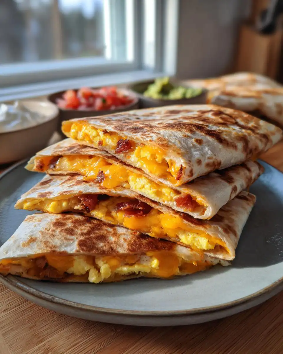 A stack of folded breakfast quesadillas filled with scrambled eggs, melted cheese, and bacon.