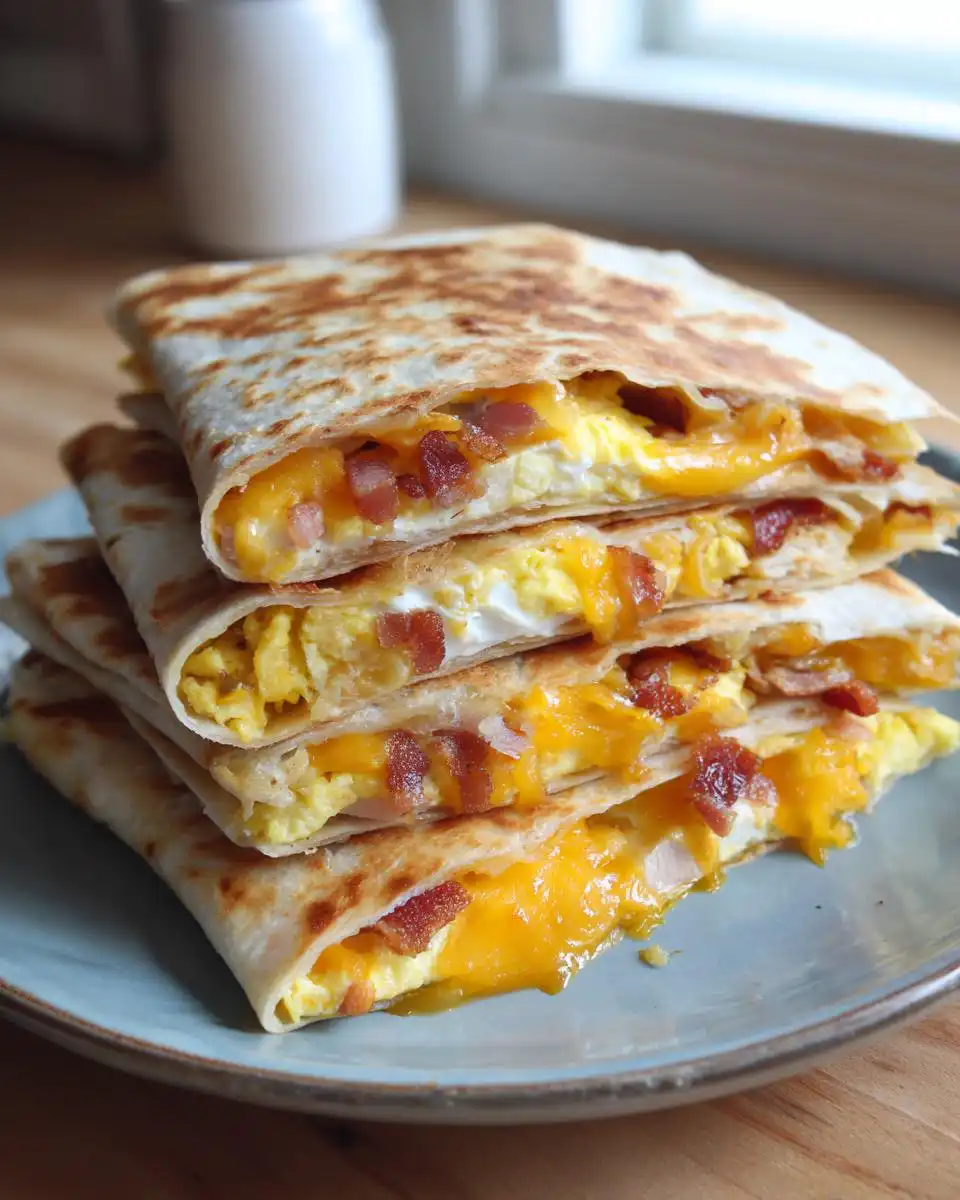 A stack of four breakfast quesadillas filled with scrambled eggs, crispy bacon, and melted cheddar cheese.