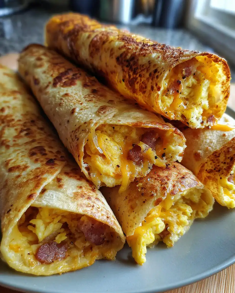 A stack of golden brown breakfast taquitos filled with scrambled eggs, cheese, and sausage, ready to be enjoyed.