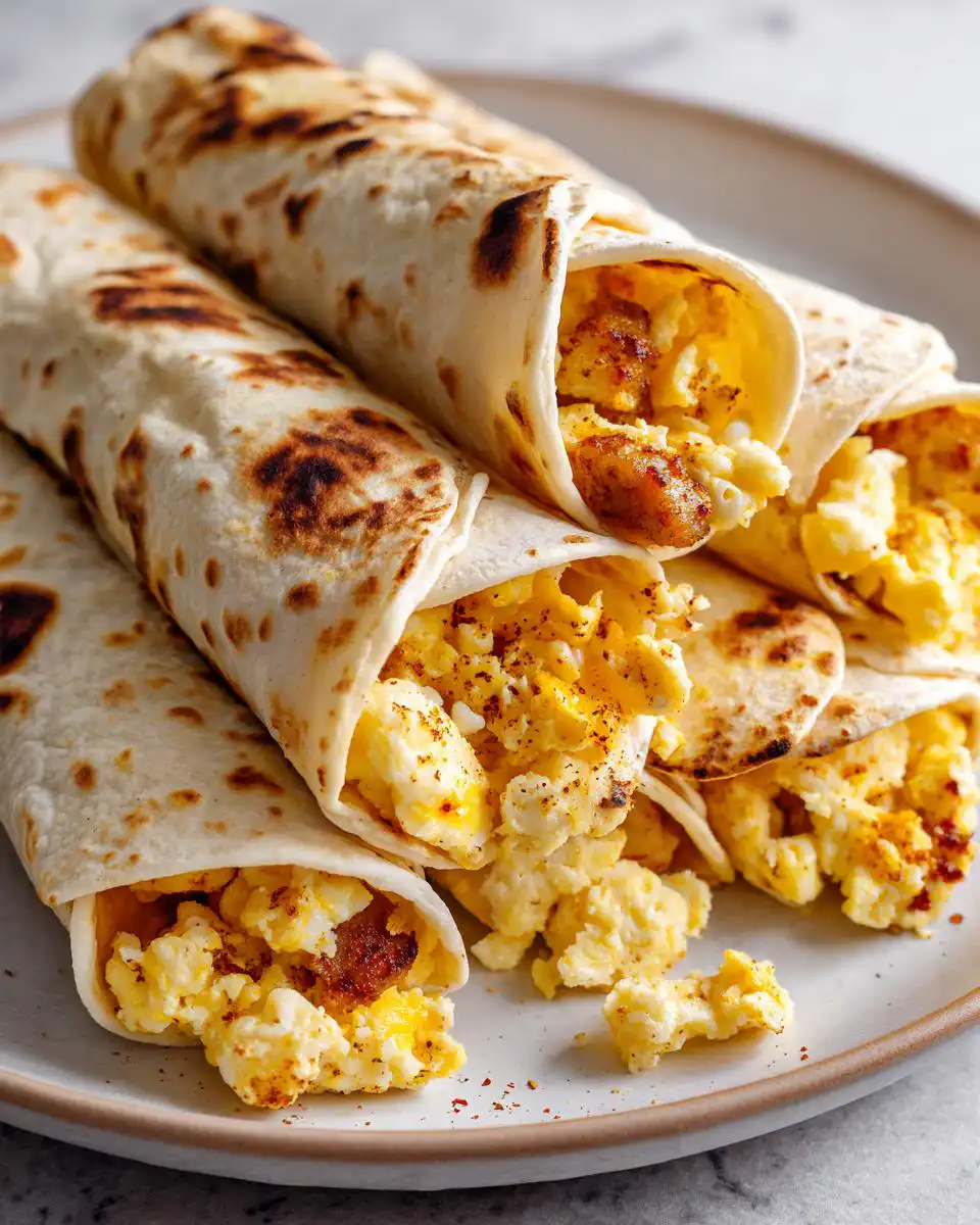 A close-up of several breakfast taquitos filled with fluffy scrambled eggs and a hint of bacon, served on a plate.