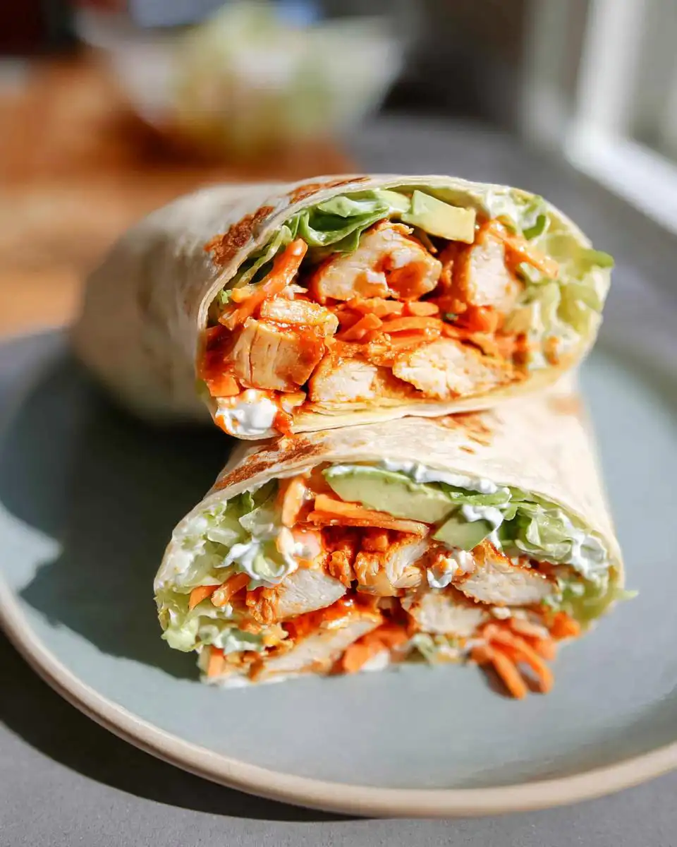 A close-up of a Buffalo Chicken Wrap cut in half, showcasing shredded lettuce, shredded carrots, avocado slices, and buffalo chicken.