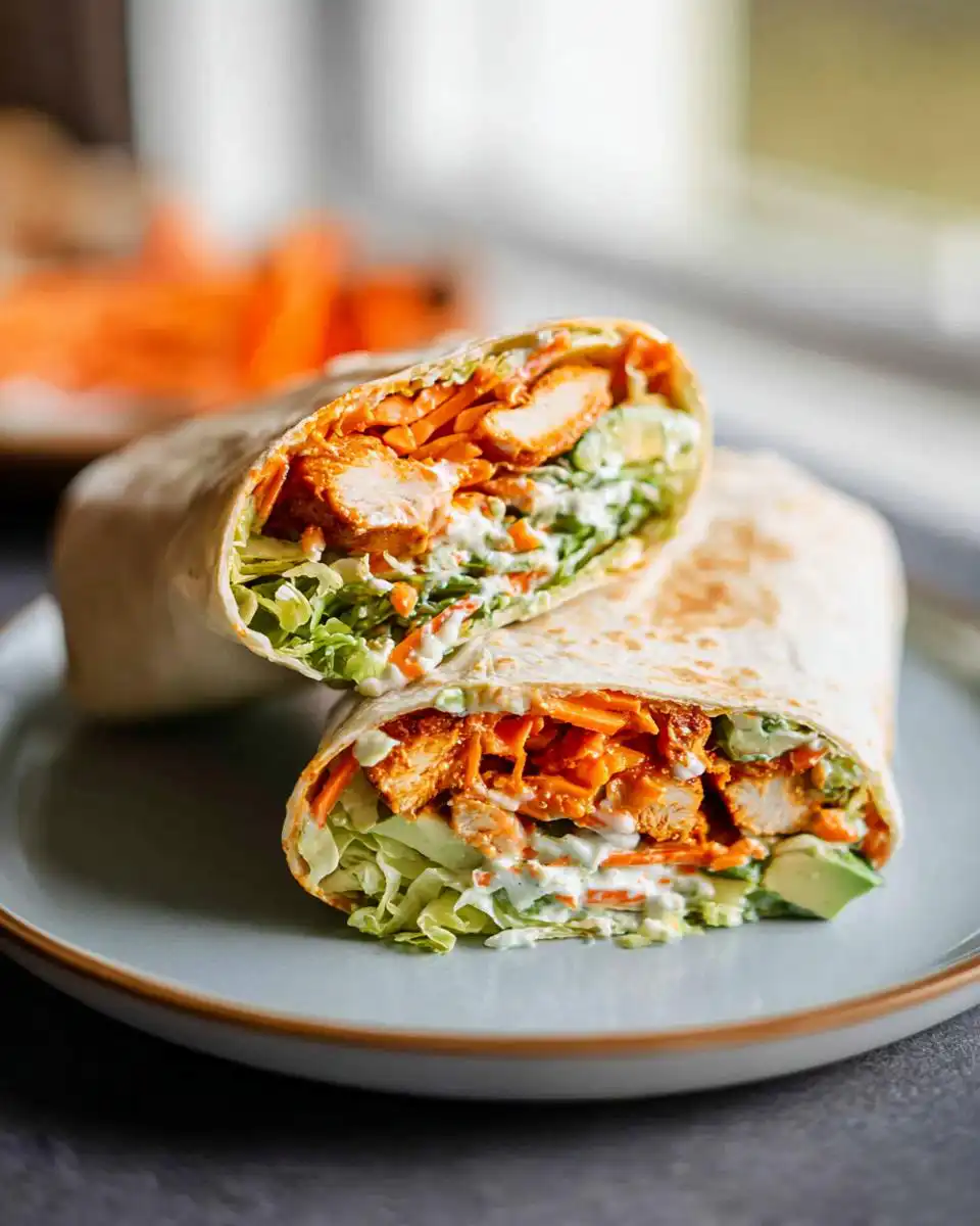 A close-up shot of a delicious Buffalo Chicken Wrap, cut in half, revealing tender chicken, shredded carrots, lettuce, avocado, and creamy dressing.
