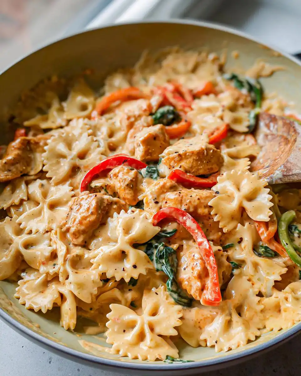 Close-up of Cajun Chicken Alfredo Pasta with farfalle noodles, chicken pieces, and red bell peppers in a creamy sauce.