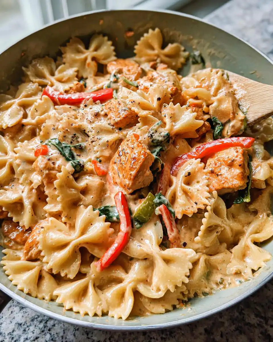 A close-up of Cajun Chicken Alfredo Pasta with bow-tie noodles, chicken pieces, and red bell peppers in a creamy sauce.