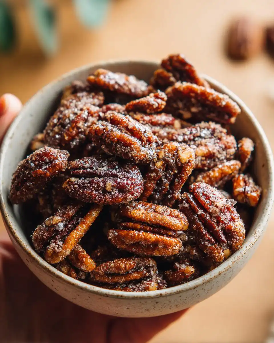 Close-up of a bowl filled with glistening candied pecans recipe, coated in sugar and spices.