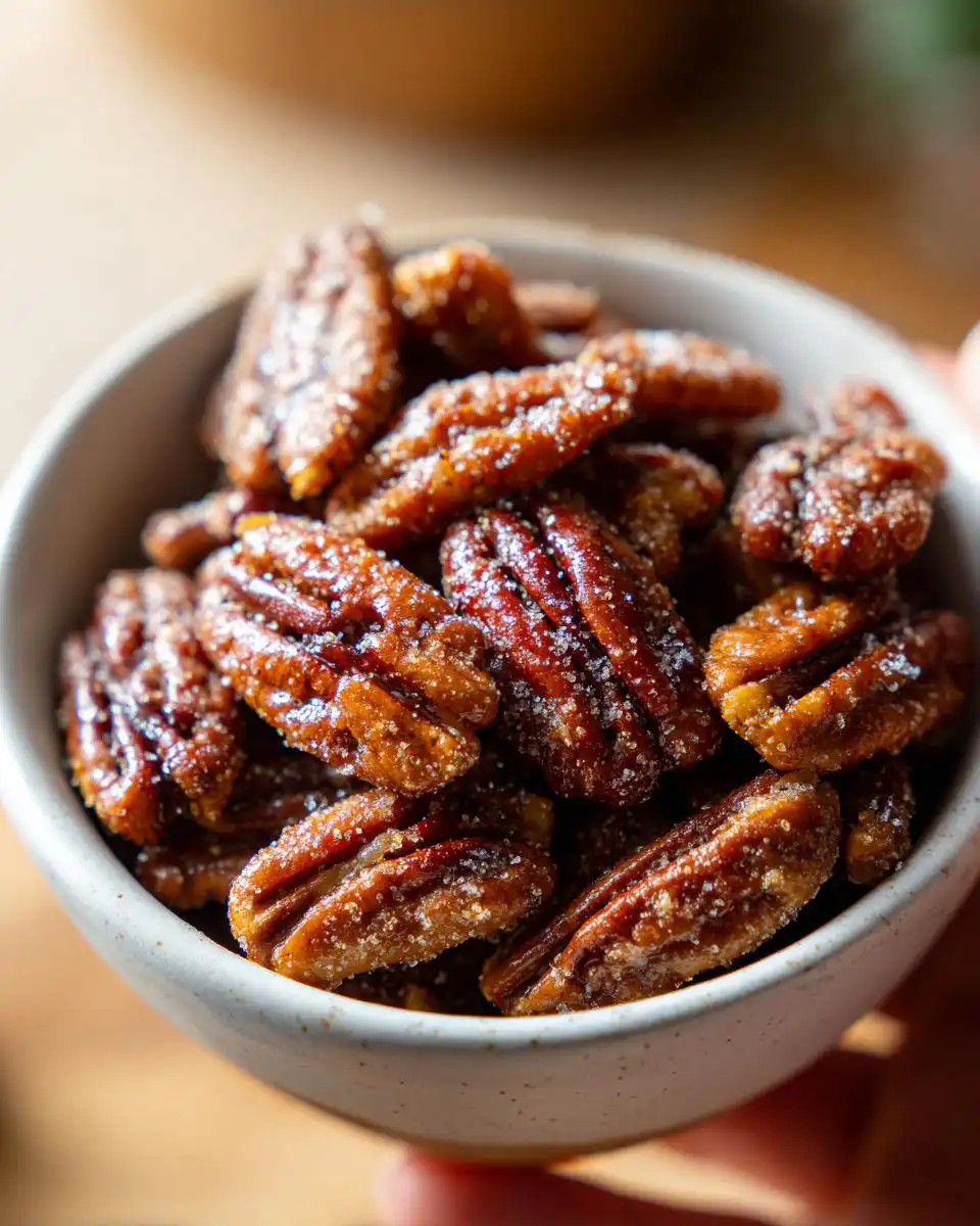 Close-up of a bowl filled with glistening candied pecans, sprinkled with sugar.