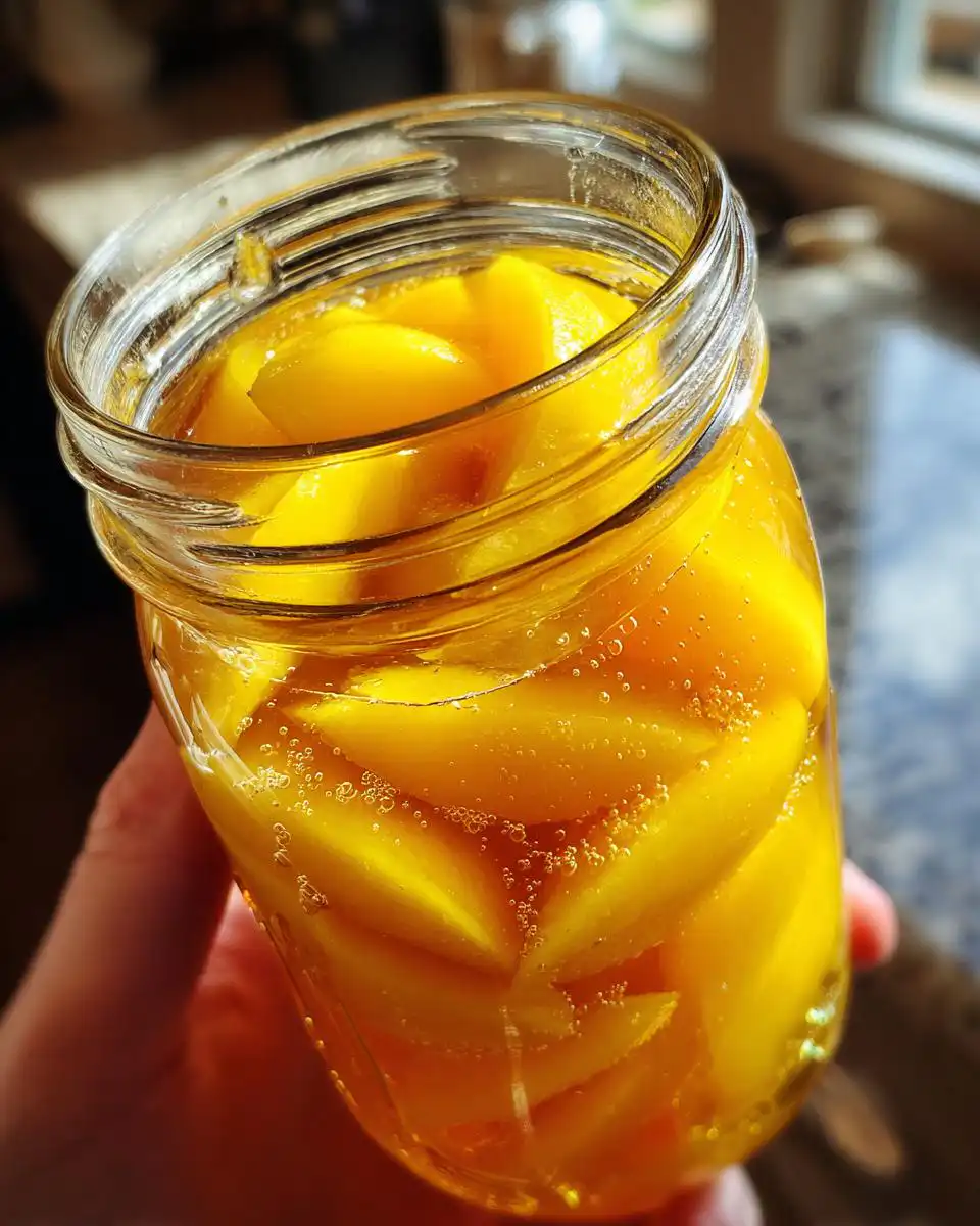Close-up of a hand holding a glass jar filled with bright yellow, sliced peaches submerged in syrup, showcasing the process of canning peaches.