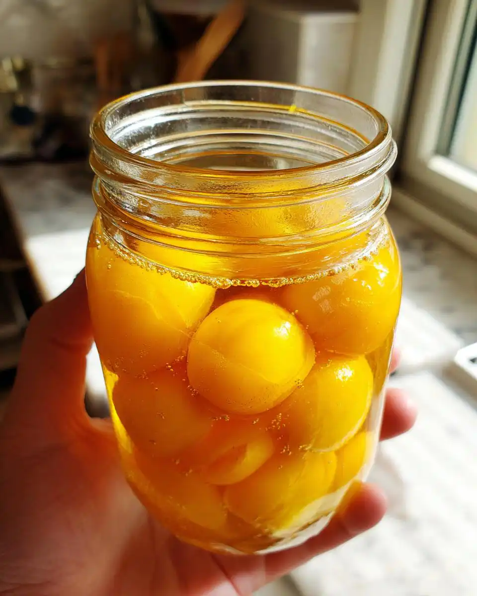 Close-up of a hand holding a glass jar filled with bright yellow peaches preserved in syrup, showcasing the canning peaches process.