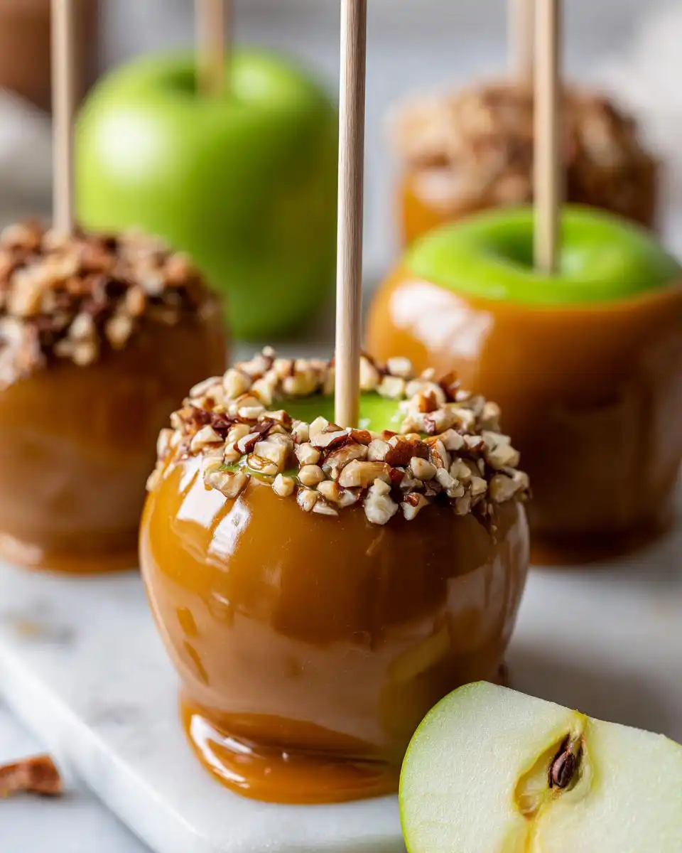 Close-up of a perfectly coated caramel apple with chopped nuts, with other caramel apples and green apples in the background.