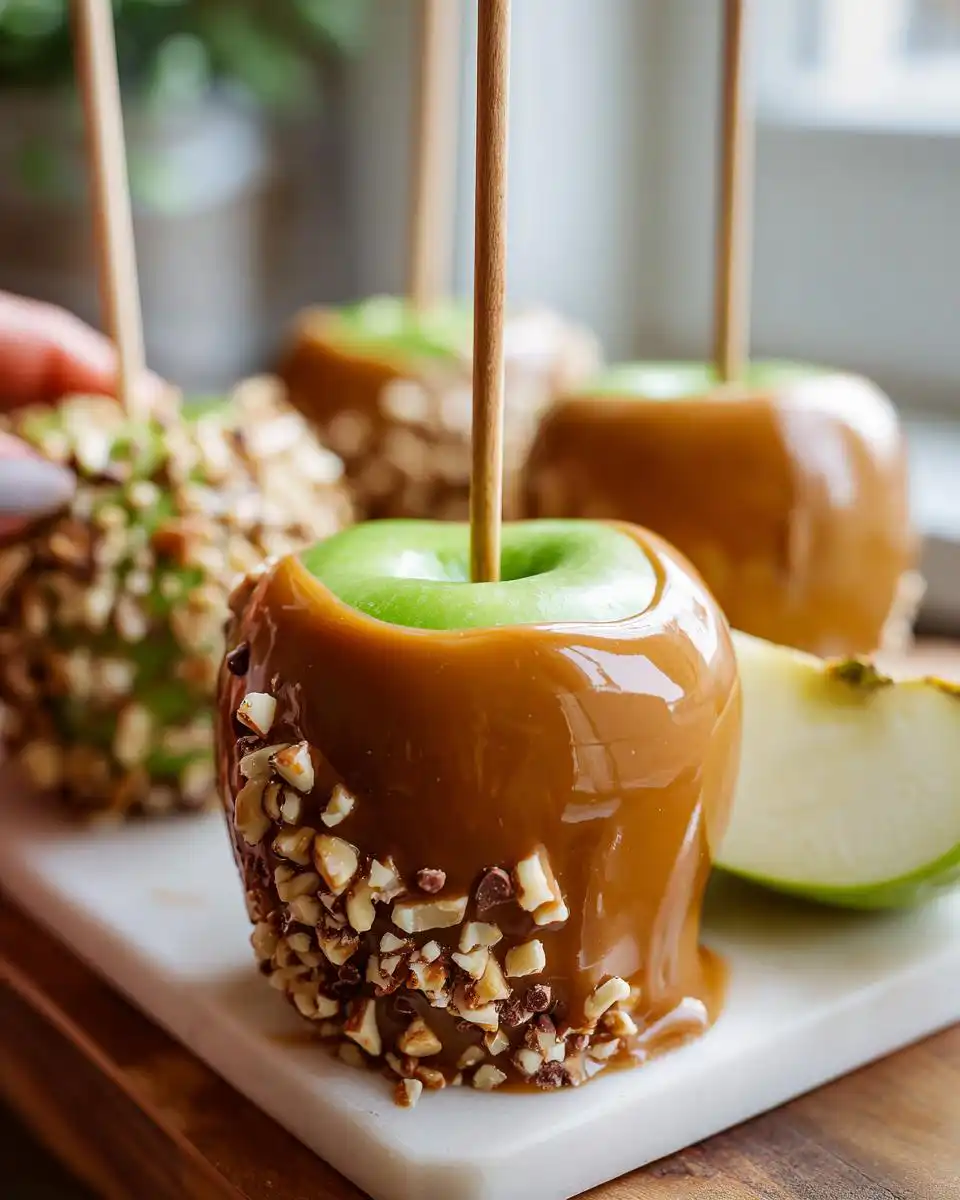 Close-up of a perfectly coated caramel apple with chopped nuts, with other caramel apples in the background.