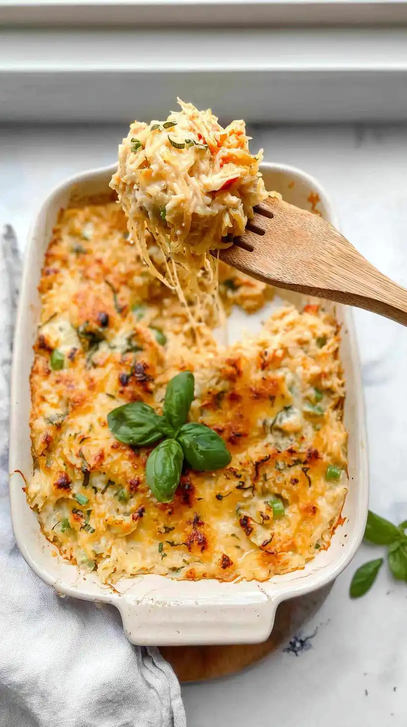 A serving spoon lifting a cheesy portion of Cheesy Chicken Spaghetti Squash Casserole from a baking dish, showing melted cheese and herbs.
