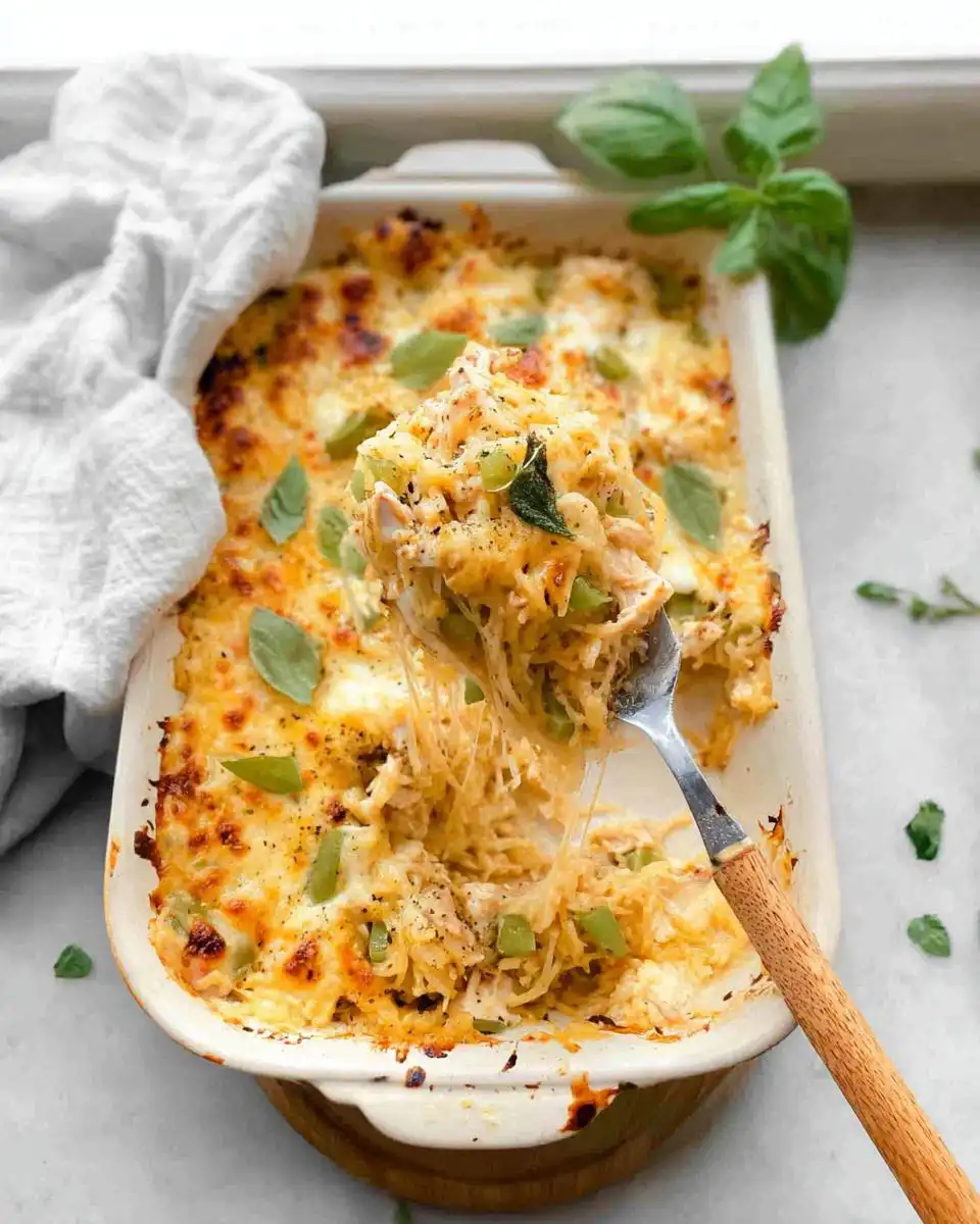 A spoonful of Cheesy Chicken Spaghetti Squash Casserole being lifted from a baking dish, showing melted cheese and shredded chicken.