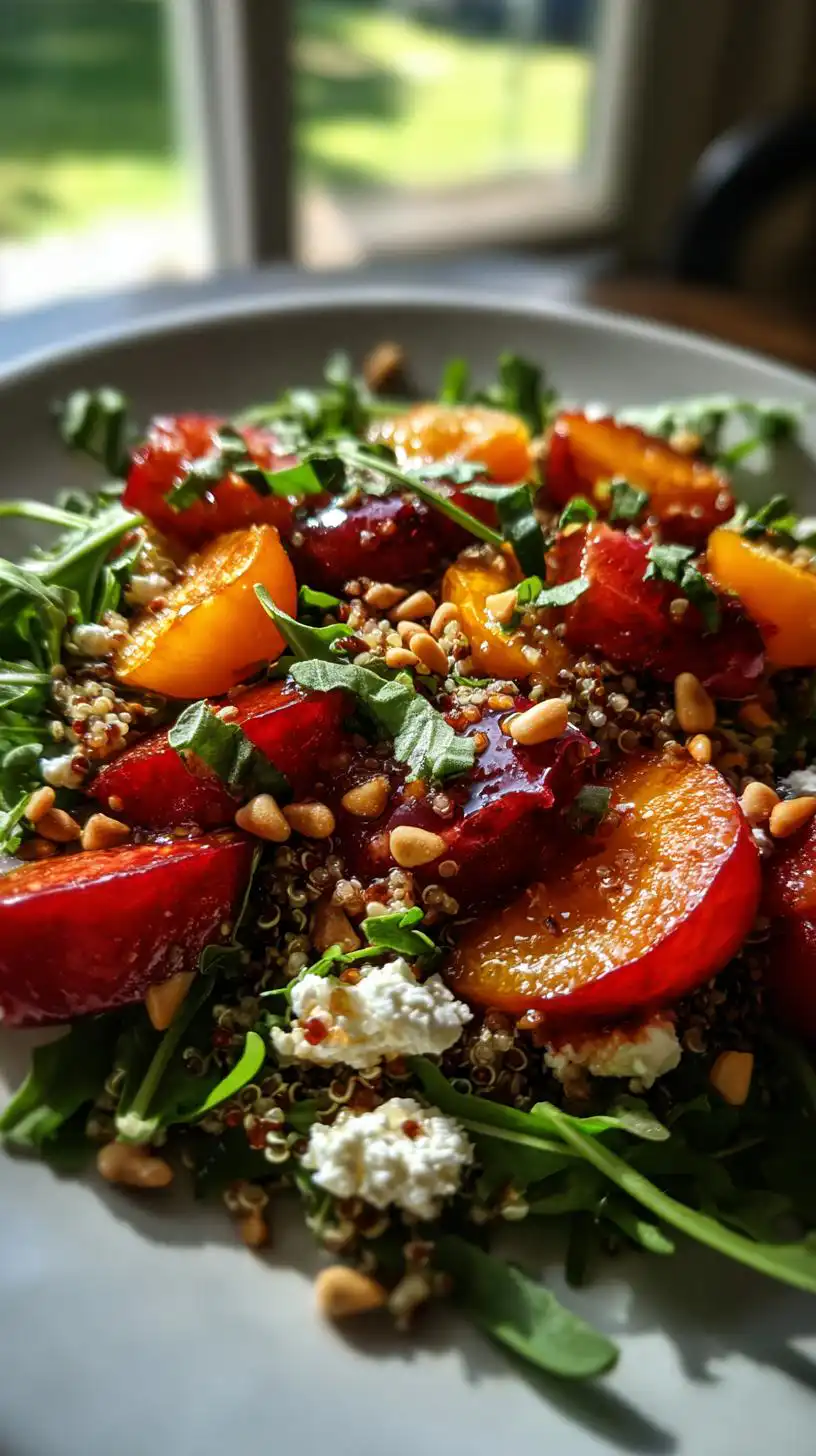 A vibrant Cherry Plum Goat Cheese Salad featuring quinoa, arugula, fresh plums, crumbled goat cheese, and toasted pine nuts.