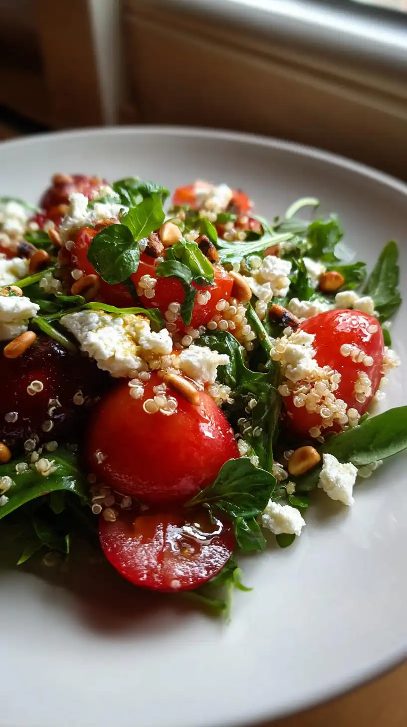 A vibrant Cherry Plum Goat Cheese Salad featuring ripe tomatoes, crumbled goat cheese, quinoa, and fresh greens.