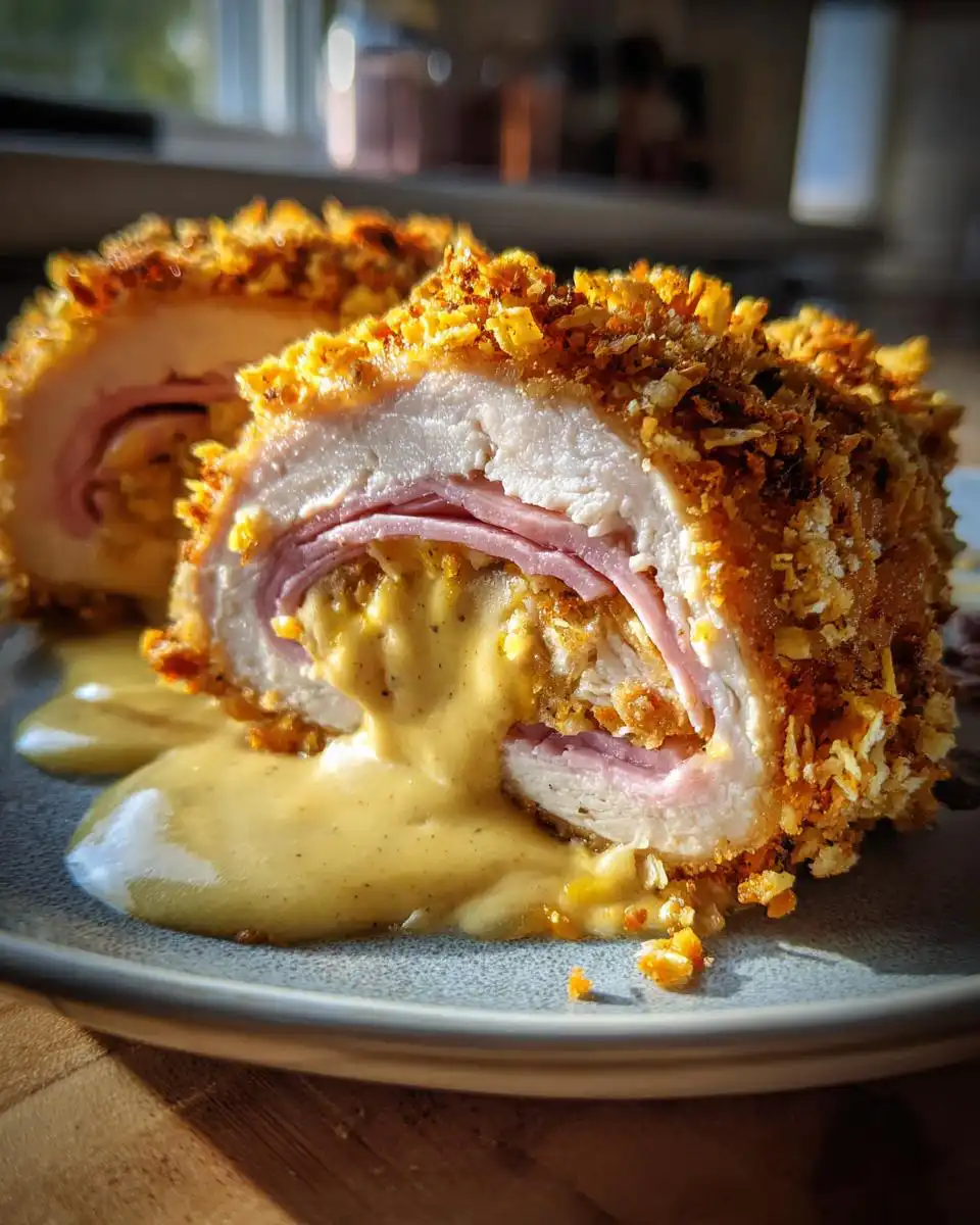 A close-up of a sliced Chicken Cordon Bleu, revealing layers of chicken, ham, and melted cheese, drizzled with a creamy sauce.