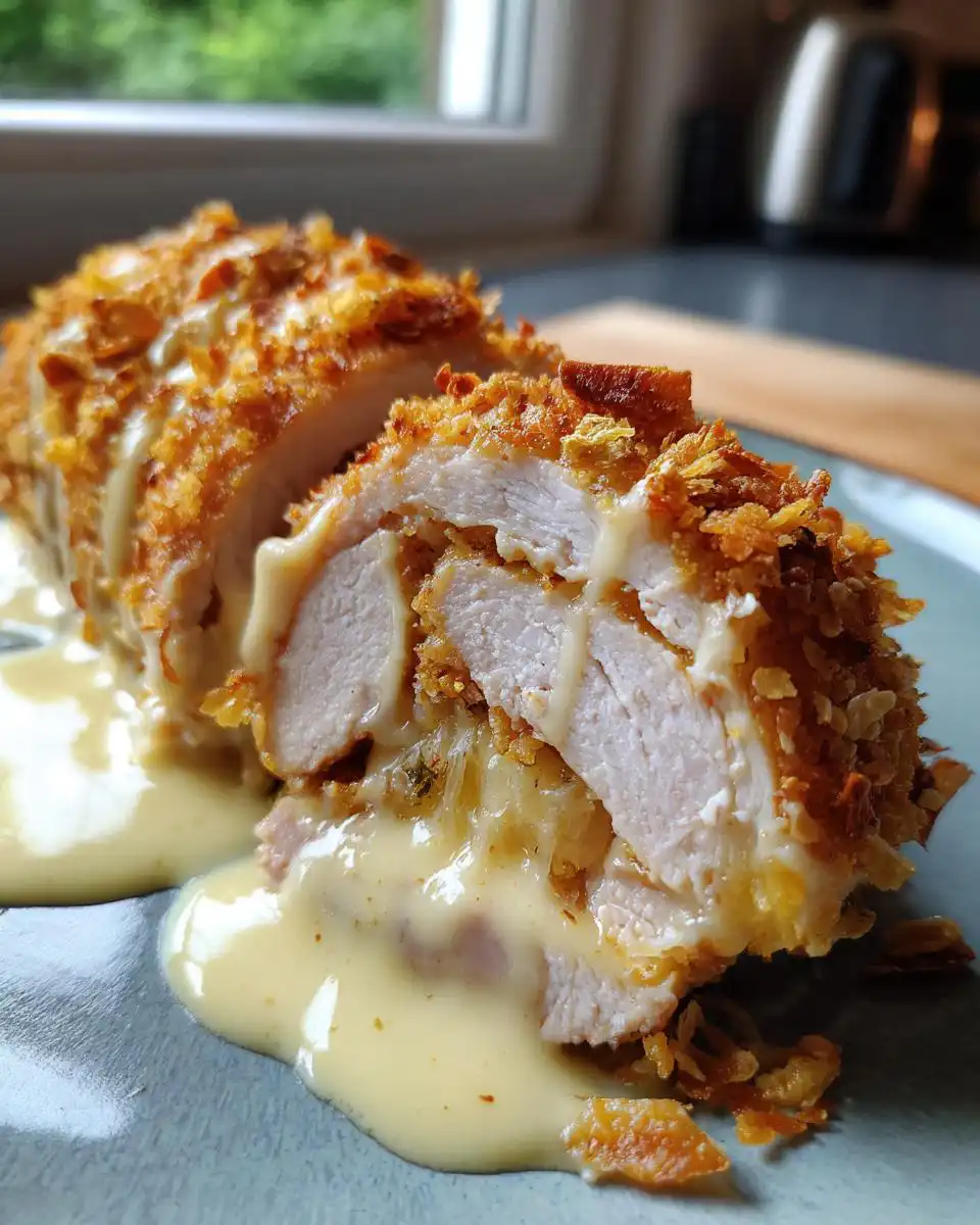 Close-up of a sliced Chicken Cordon Bleu, revealing melted cheese and crispy breading, drizzled with sauce.