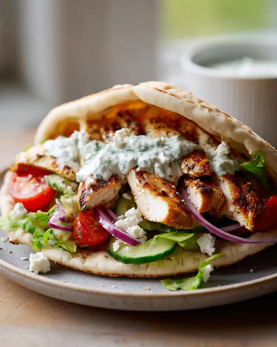 A mouthwatering Chicken Gyros Recipe filled with grilled chicken, fresh lettuce, tomatoes, cucumber, red onion, feta cheese, and tzatziki sauce.