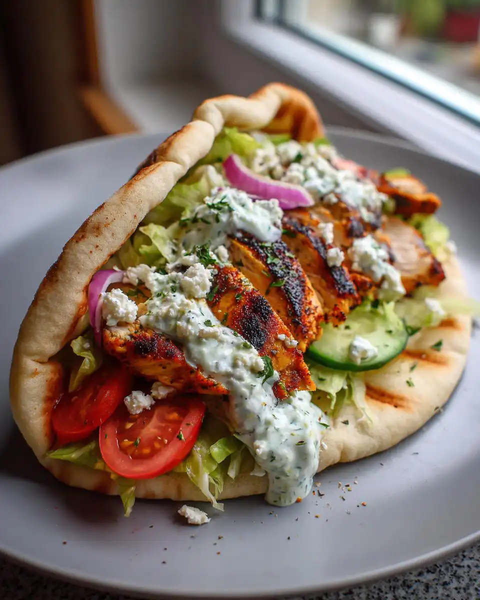 A close-up of a Chicken Gyros Recipe filled with grilled chicken, lettuce, tomatoes, red onion, cucumber, feta cheese, and tzatziki sauce.