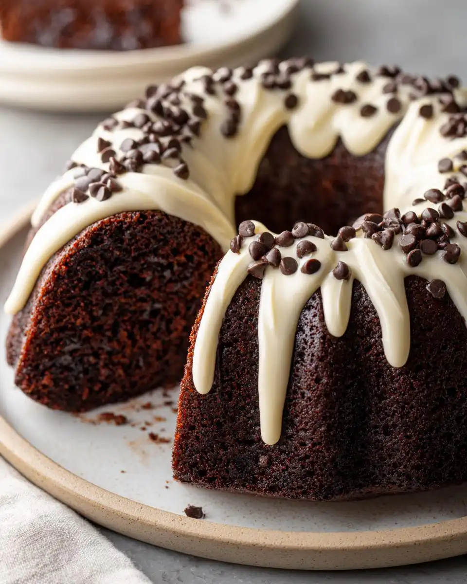 A rich Chocolate Chocolate Chip Bundt Cake topped with white glaze and mini chocolate chips.