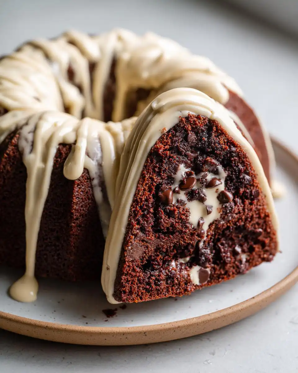 A slice of rich Chocolate Chocolate Chip Bundt Cake drizzled with glaze, showing moist interior and chocolate chips.