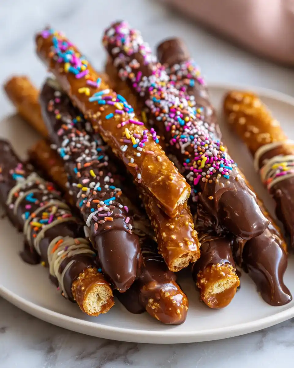 A close-up of a pile of chocolate covered pretzel rods, some with colorful sprinkles and others drizzled with white chocolate.