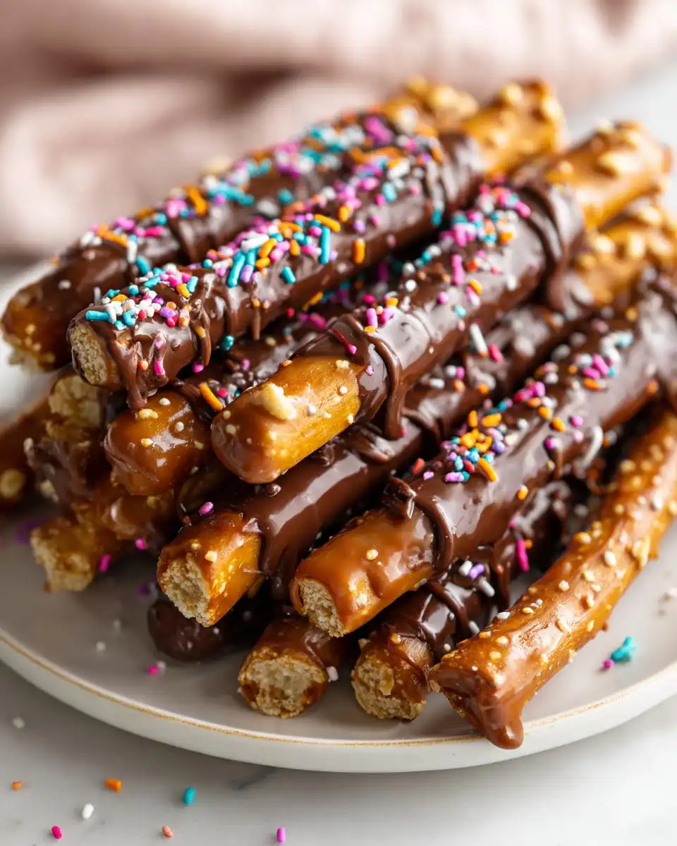 A pile of chocolate covered pretzel rods, some with colorful sprinkles and others with caramel drizzle.
