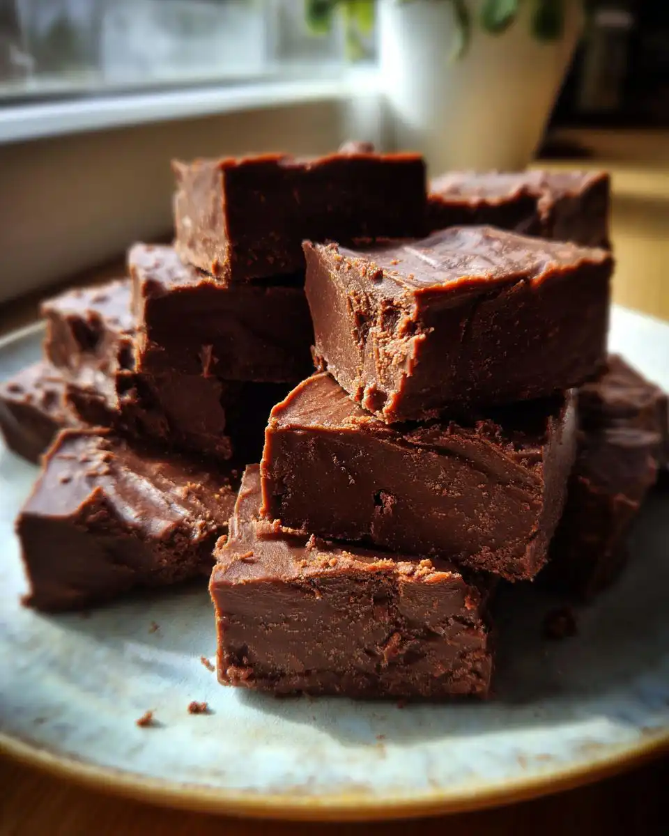 A pile of rich, dark chocolate fudge pieces on a rustic plate, ready to be enjoyed from our chocolate fudge recipe.