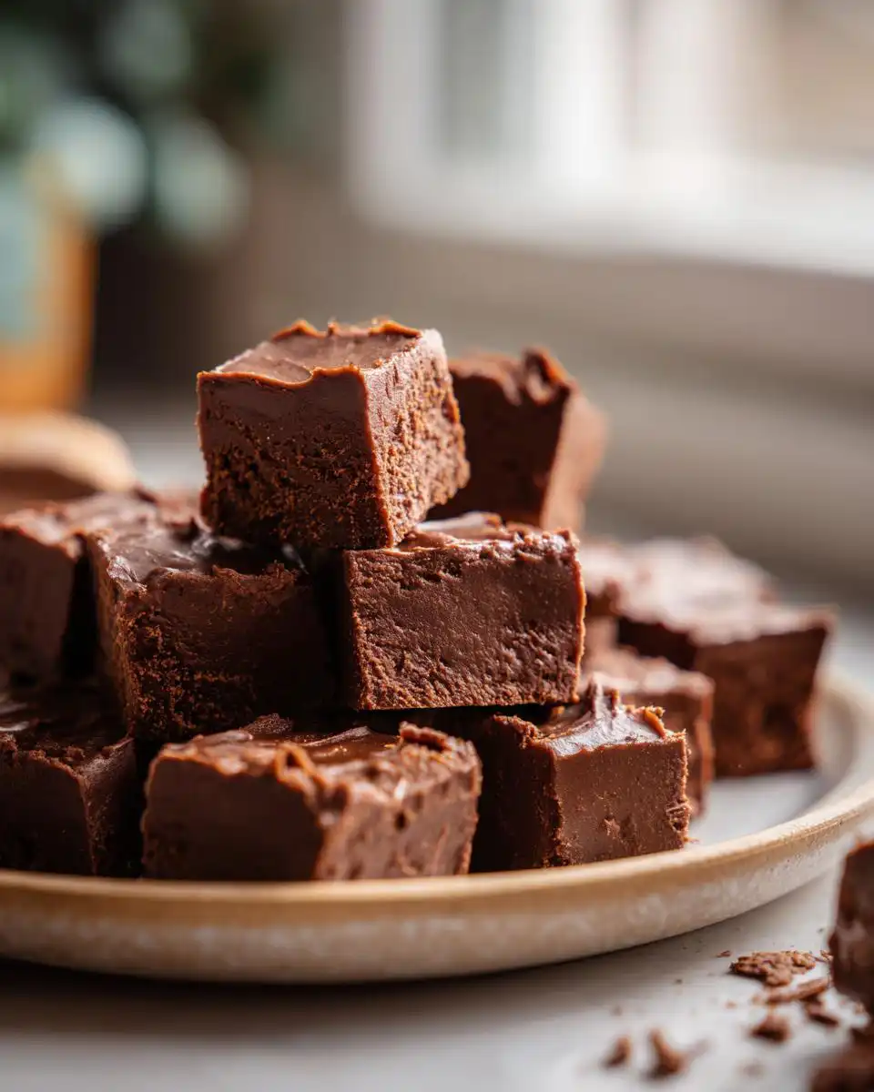 A close-up of a stack of rich, dark chocolate fudge squares from a chocolate fudge recipe.